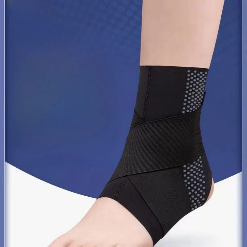 Black adjustable ankle support brace worn on a person's lower leg.