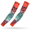 Orange arm sleeves featuring a detailed skull design and intricate mechanical elements for sun protection