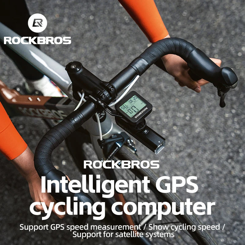A close-up of a Rockbros intelligent GPS cycling computer mounted on a bicycle handlebar.
