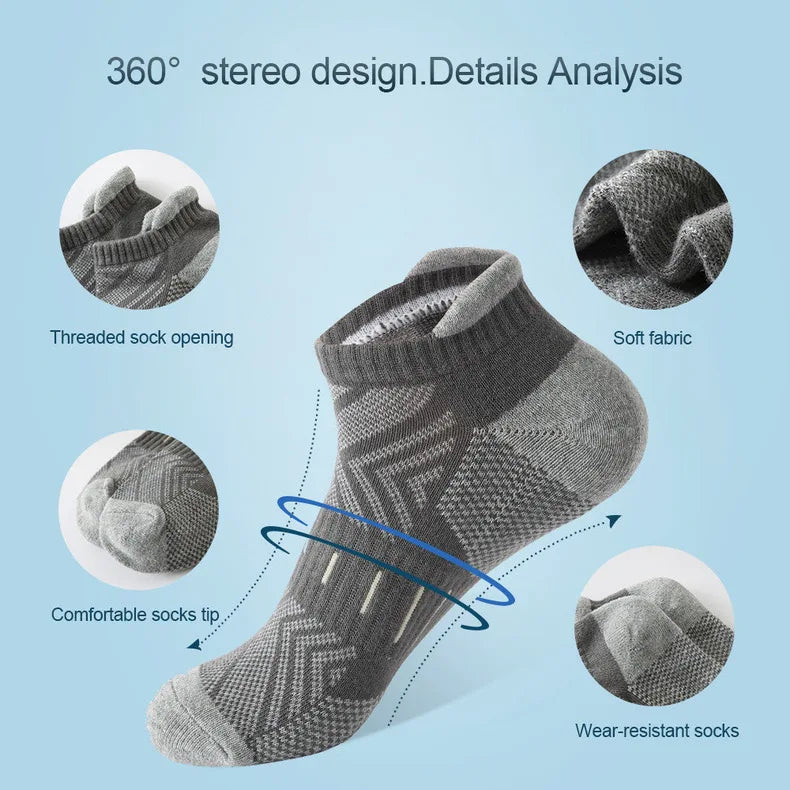 A close-up view of gray athletic mesh ankle socks showing various features like threaded openings and soft fabric texture.