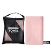 A black microfiber towel bag and a folded pink microfiber towel are shown side by side.
