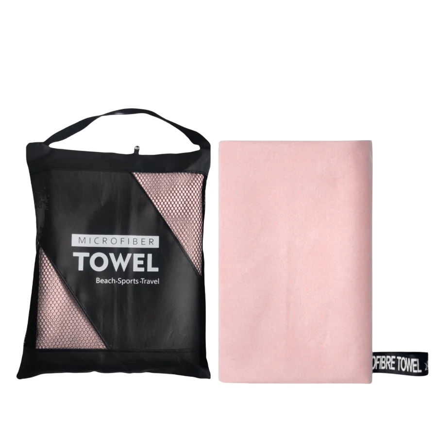 A black microfiber towel bag and a folded pink microfiber towel are shown side by side.