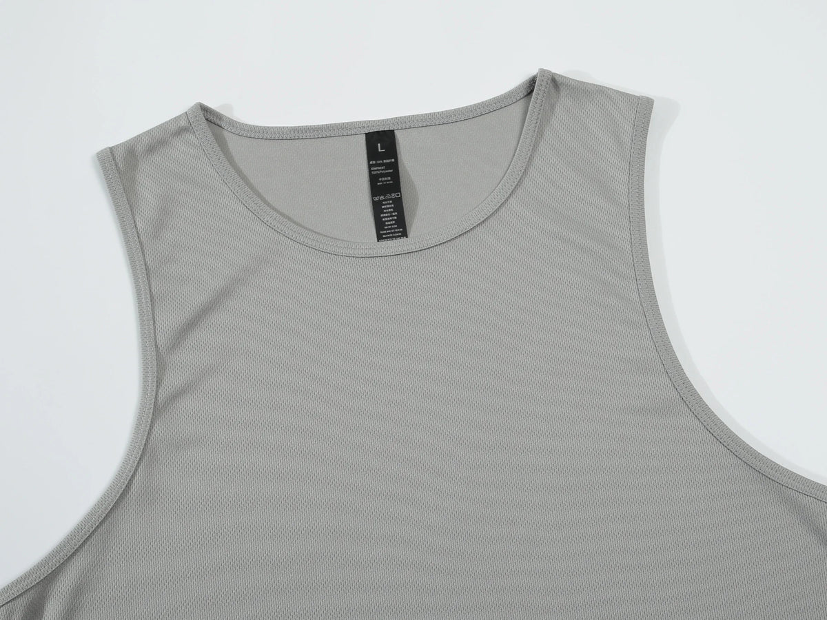 A light gray men's quick-drying sleeveless sports tank top displayed flat.