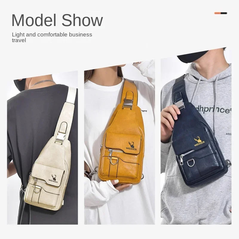 A brown leather crossbody bag worn by a man, shown in detail against a light gray hoodie.