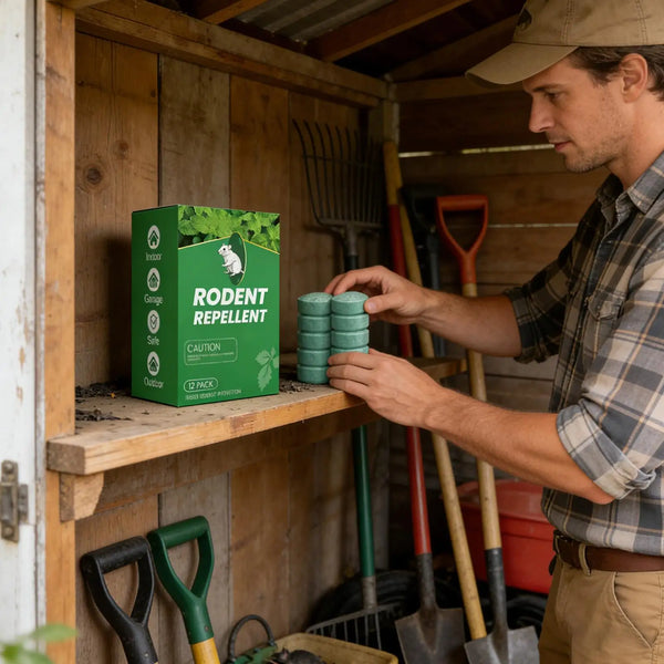 A man is holding a green rodent repellent product box in a wooden cabinet filled with gardening tools.