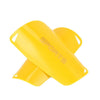 A bright yellow pair of durable soccer shin guards shown from the side.