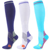 Three pairs of medical grade compression socks in navy blue, white, and cyan