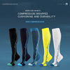 A row of various colored compression socks for sports, including black, purple, blue, yellow, and white.