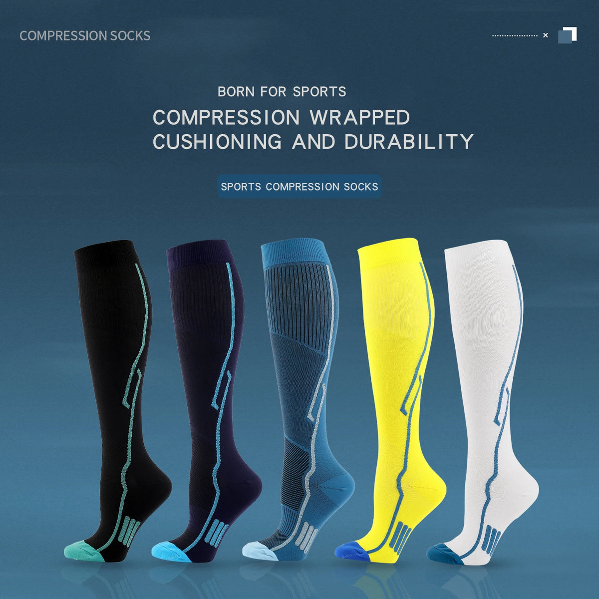 A row of various colored compression socks for sports, including black, purple, blue, yellow, and white.