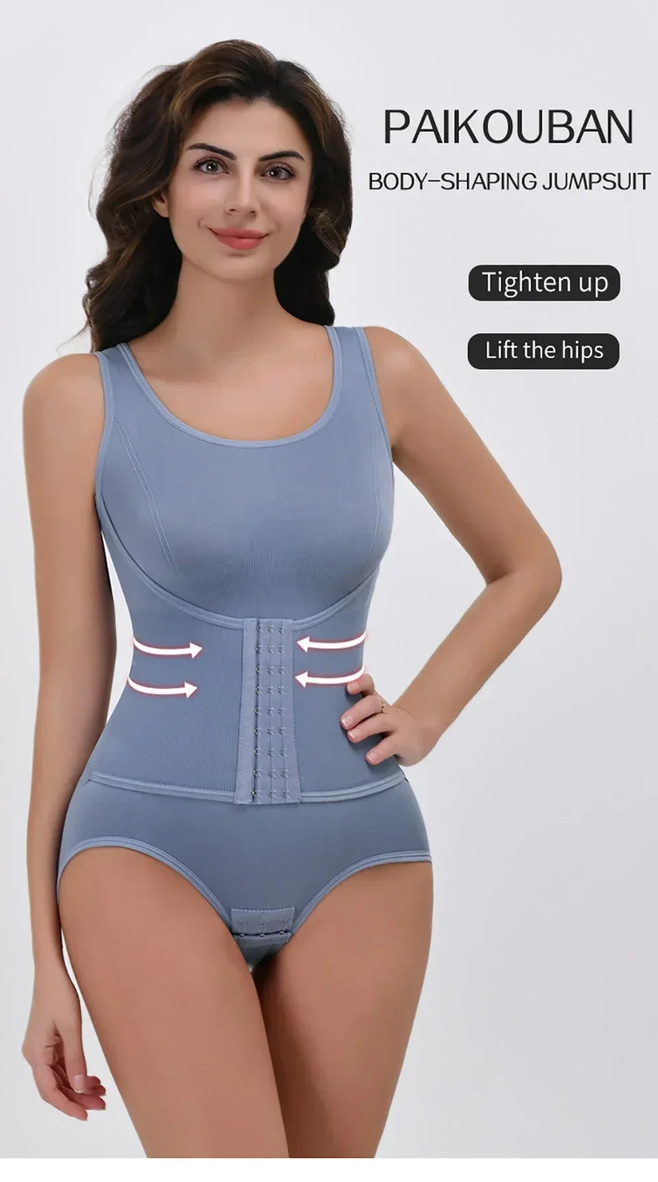 A model wearing a light blue body-shaping jumpsuit for waist slimming and lifting the hips.