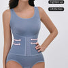A model wearing a light blue body-shaping jumpsuit, demonstrating its fit and features.