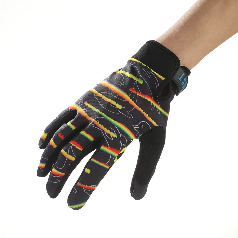 A hand wearing black gloves with colorful stripes on the back, shown against a white background.