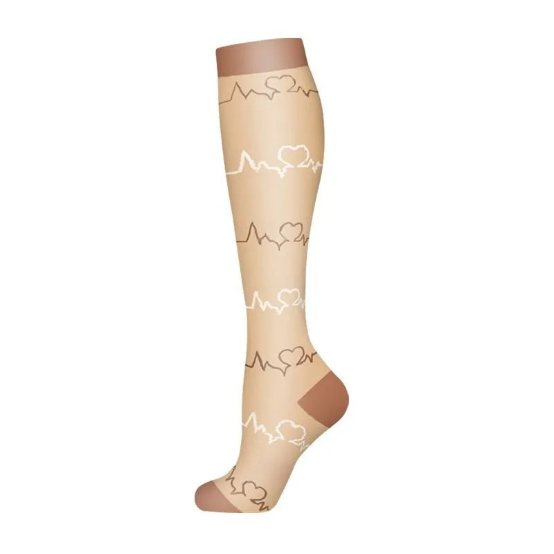 A beige compression sock with a heart-line pattern shown vertically.