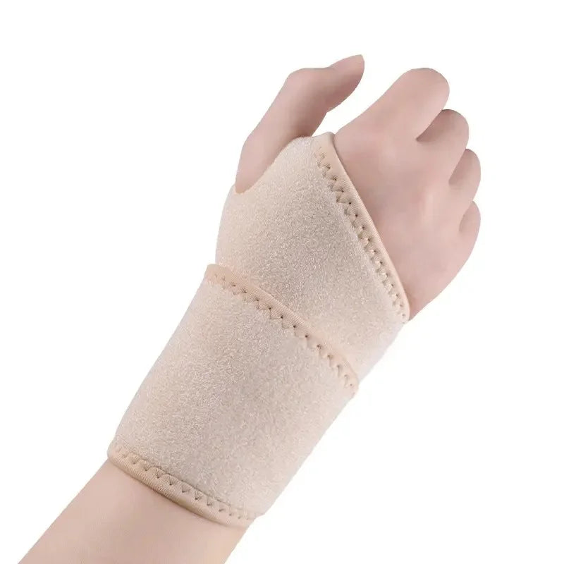 A beige adjustable wrist support brace is shown wrapped around a hand for pain relief.