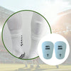 Close-up of white lightweight soccer shin guards worn by a player during a game.