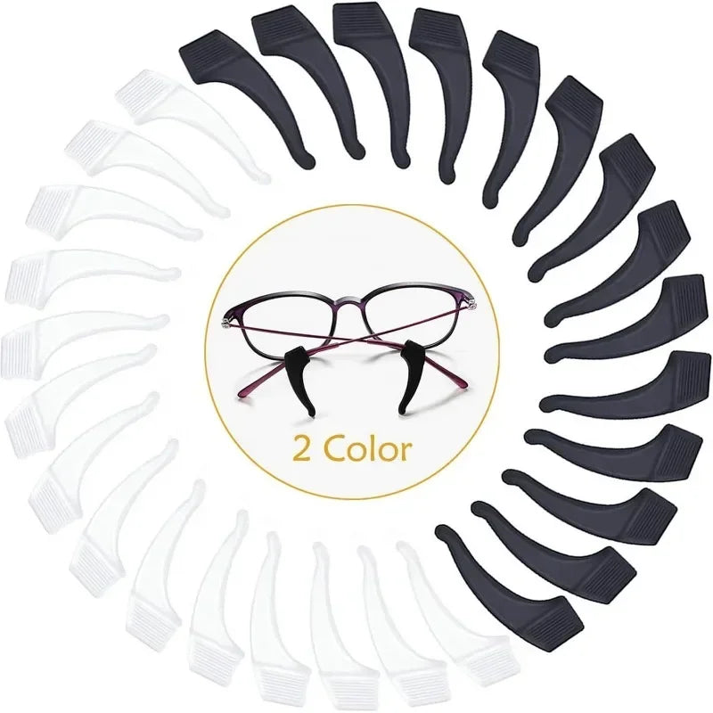 A circular arrangement of black and clear silicone eyeglass ear hooks for anti-slip grip.