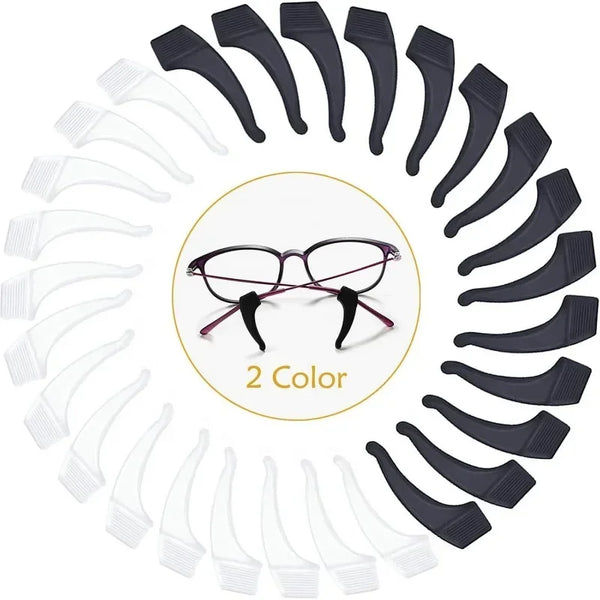 Ganchos de gafas de silicona negra y transparente en forma circular para agarre antideslizante.