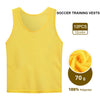 A yellow soccer training vest is shown, with details about the product including 12 pieces, 12 colors, and 70g weight.