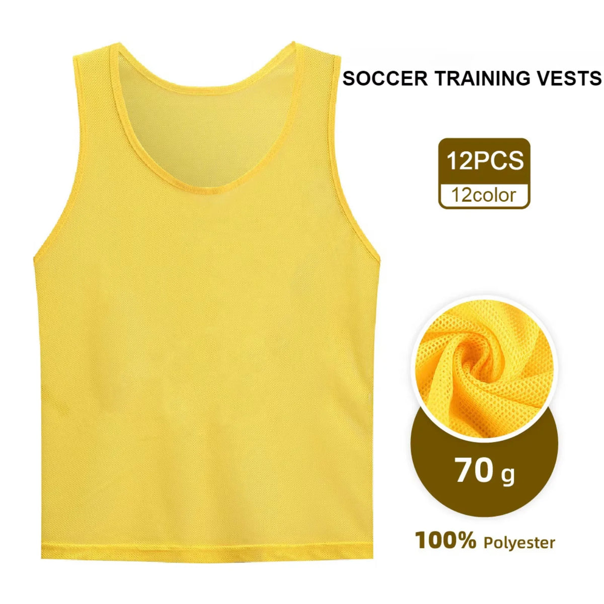 A yellow soccer training vest is shown, with details about the product including 12 pieces, 12 colors, and 70g weight.