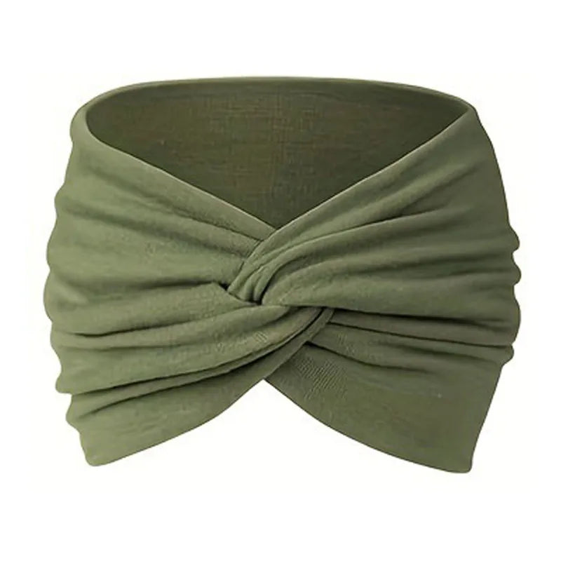 Diadema de tela verde oliva atada en nudo cruzado para peinar el cabello