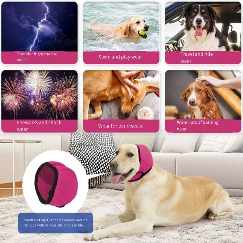 A light pink pet noise reduction ear muff is shown next to a golden retriever dog.