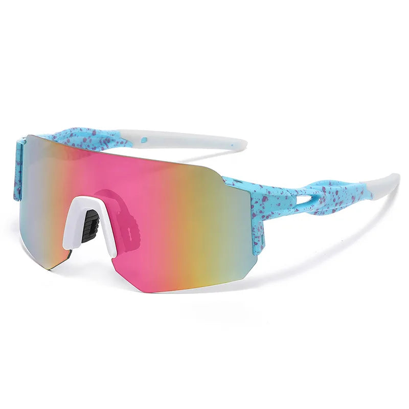 A pair of colorful, adjustable square sunglasses with a gradient lens and blue speckled frames.