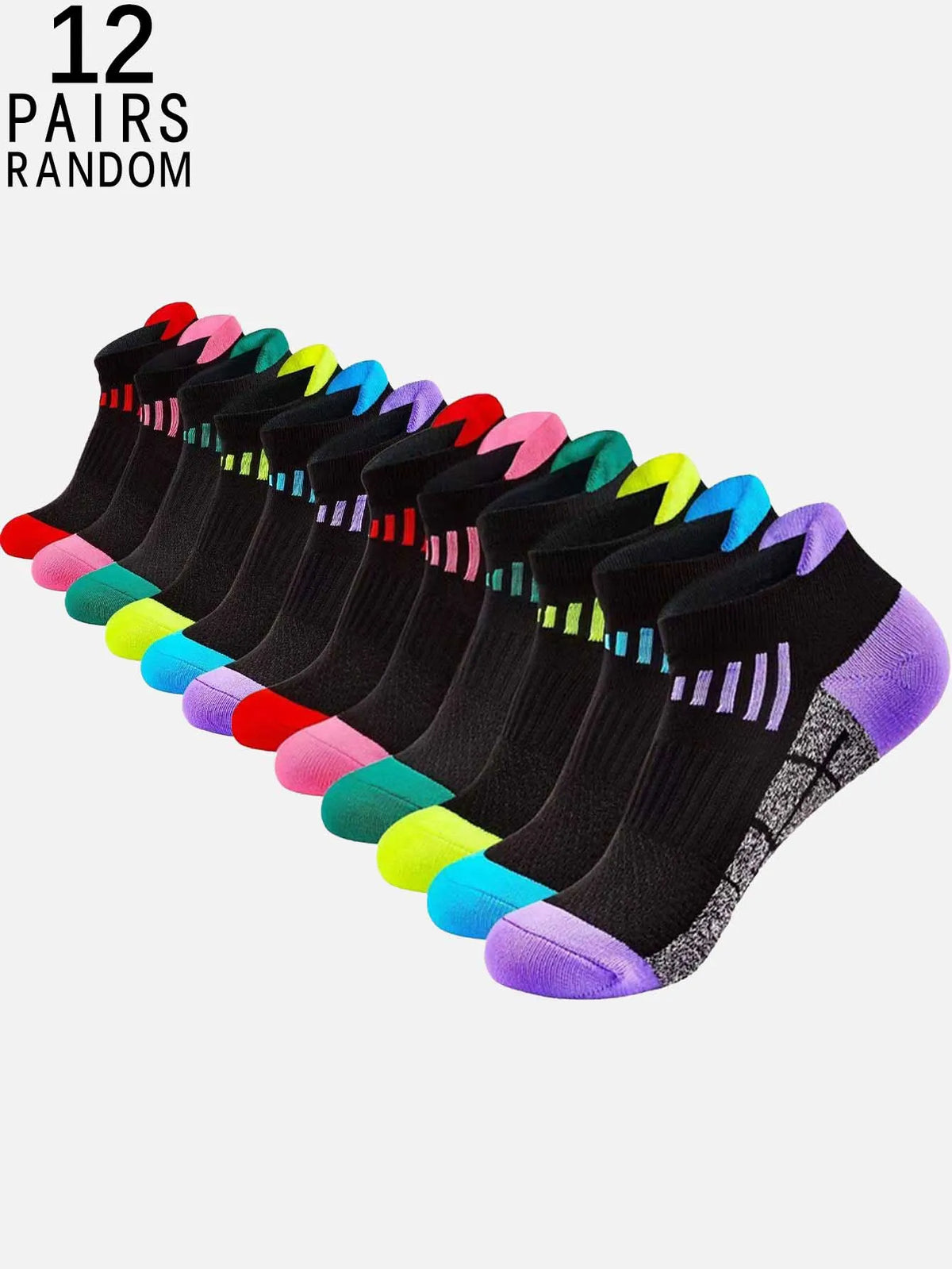 Eine Reihe von zwölf Paar farbenfrohen, feuchtigkeitsableitenden Sportsocken in verschiedenen hellen und dunklen Farben.