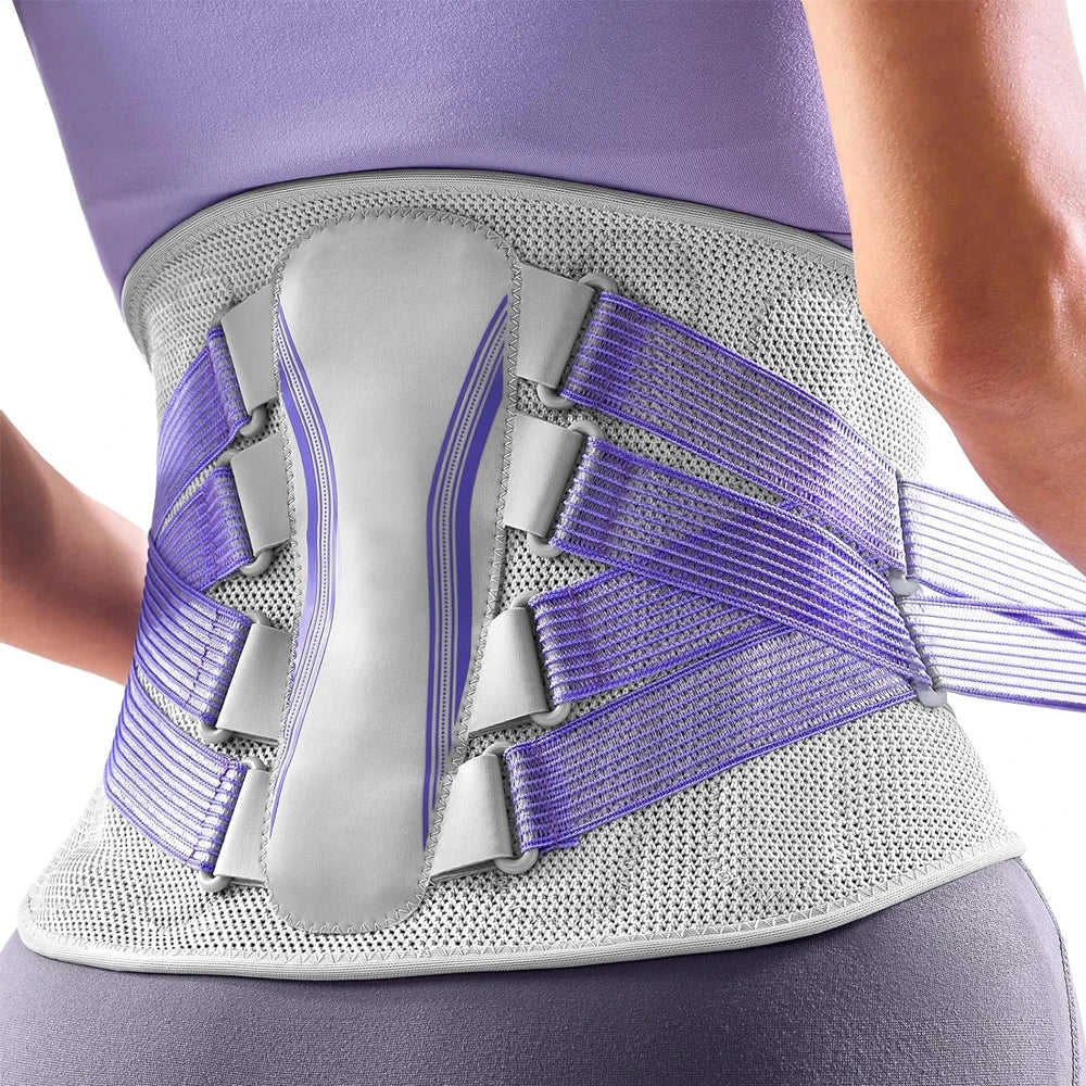 A purple ergonomic lumbar support brace worn around the lower back of a person.