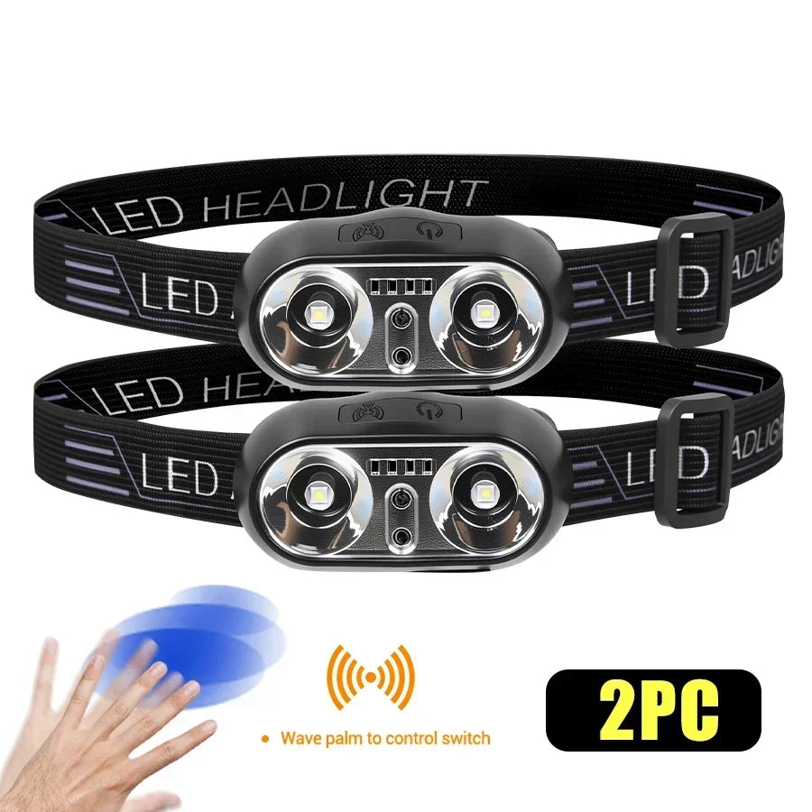 Two black LED headlamps with sensor switches are displayed on a white background.