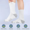White and gray athletic socks shown on a leg, highlighting features like sweat-wicking, breathable, non-slip, and cushioned c