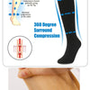 A variety of compression socks and stockings are displayed, including knee-high styles and various colors.