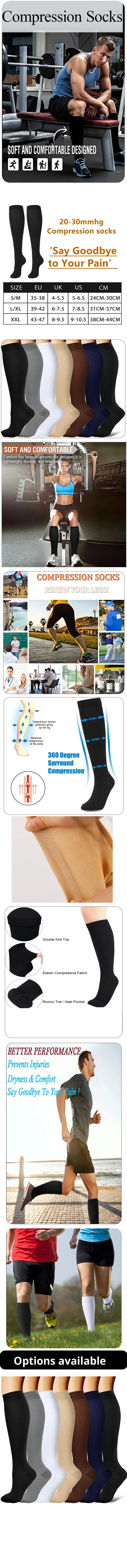 A variety of compression socks and stockings are displayed, including knee-high styles and various colors.