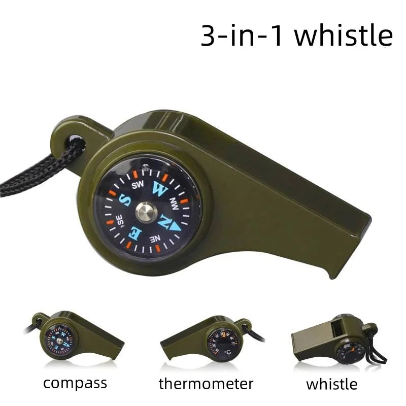A 3-in-1 survival whistle featuring a compass, thermometer, and whistle functions in an olive green casing.