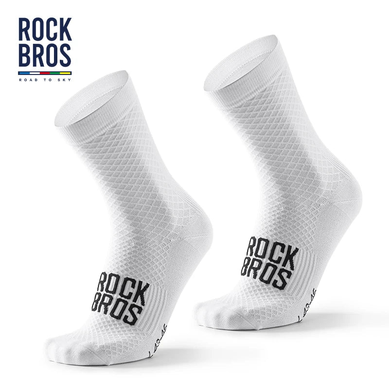 A pair of white Rock Bros cycling and MTB socks shown from the side.
