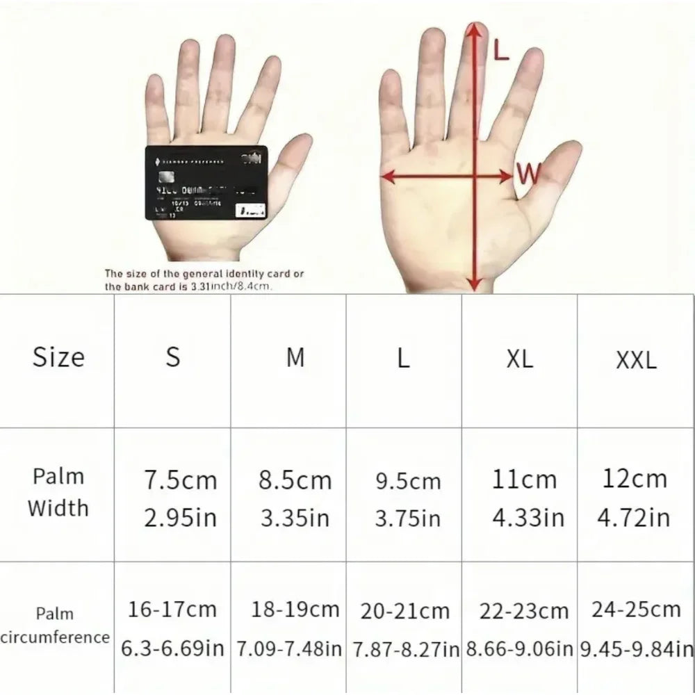 A hand displaying an identity card, with a size chart for various palm dimensions.