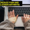 A hand wearing a beige thumb joint stabilizer brace rests on a laptop keyboard with text advising to reduce pain and lessen a