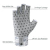 A gray fingerless sun glove with an easy off pull tab and anti-lost button is shown.