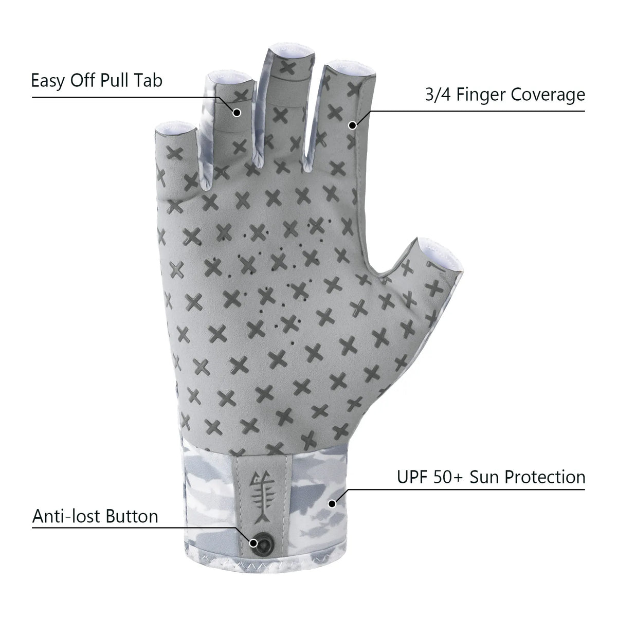 A gray fingerless sun glove with an easy off pull tab and anti-lost button is shown.