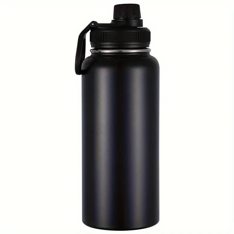 A dark gray insulated stainless steel vacuum water bottle with a black cap.
