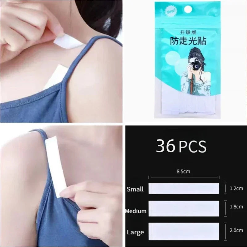 A set of clear double-sided fashion tape in small, medium, and large sizes is shown next to a person's skin.