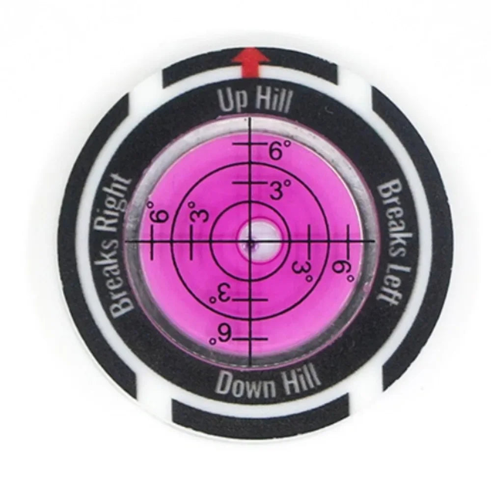A precision golf ball marker and slope meter with a circular scale marked for up hill and down hill angles.