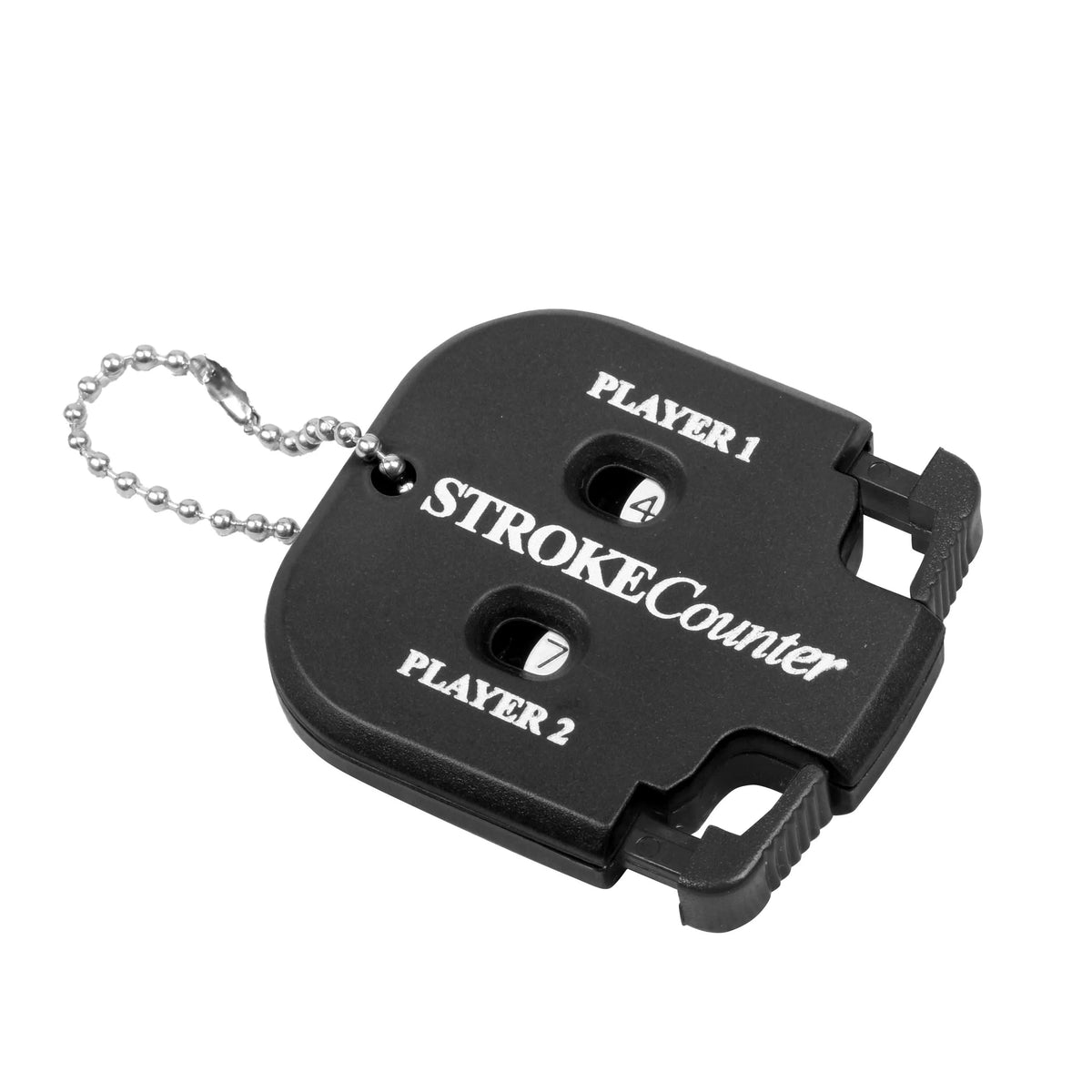 Black portable golf score counter with separate slots for Player 1 and Player 2