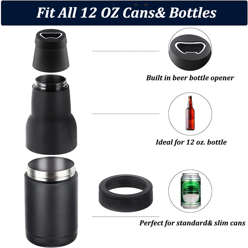 Réservoir isotherme en acier inoxydable noir pour boissons avec ouvre-bouteille intégré pour canettes et bouteilles de 12 oz