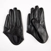 A pair of black PU leather finger gloves shown against a white background.