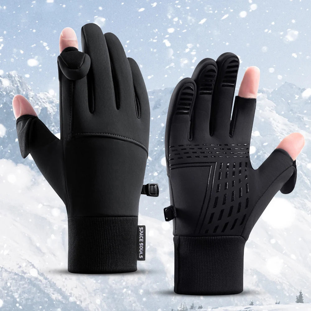 A pair of black performance outdoor sports gloves shown against a snowy background.