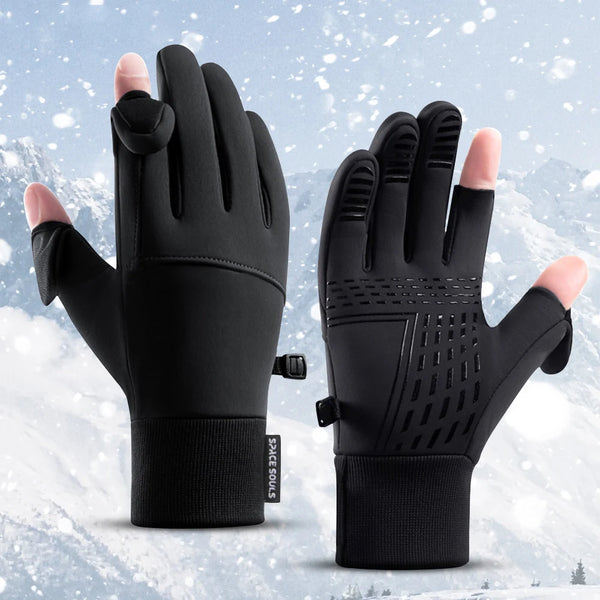 Ein Paar schwarze Performance-Outdoor-Sportschuhe vor einem verschneiten Hintergrund.