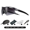 A pair of black AEBLRO sports sunglasses shown in a product package with accessories.
