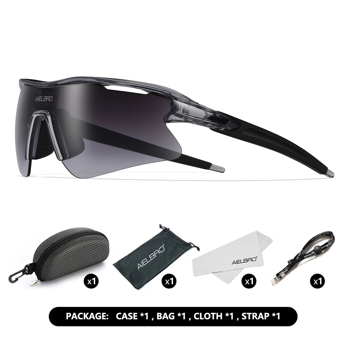 A pair of black AEBLRO sports sunglasses shown in a product package with accessories.
