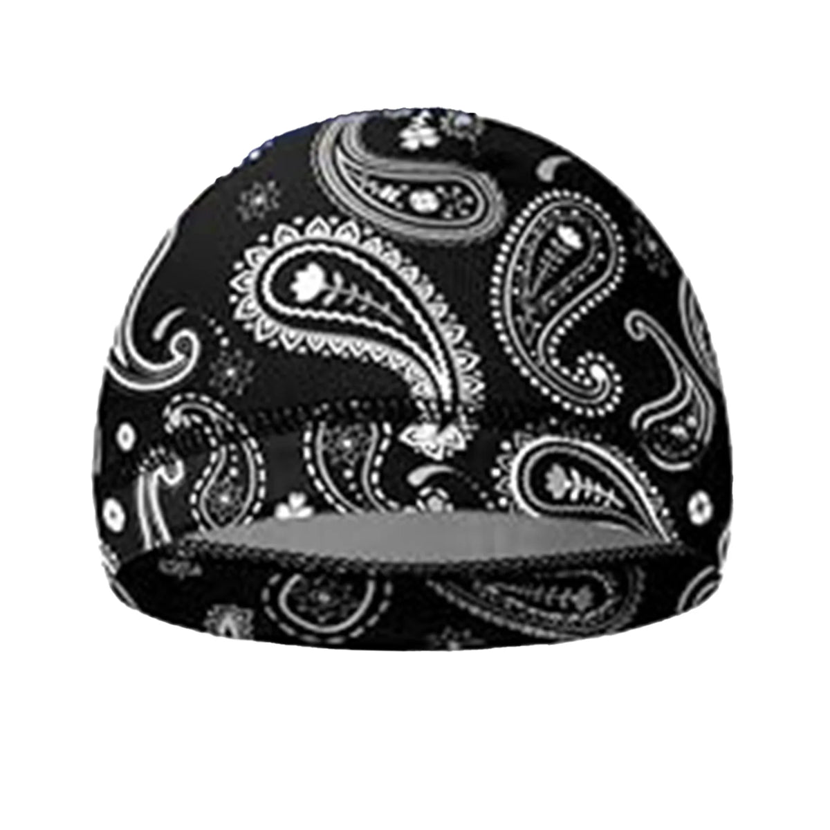 Black printed breathable headscarf cap featuring intricate paisley and floral patterns