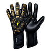 A pair of black and gold high-performance goalkeeper gloves shown against a white background.